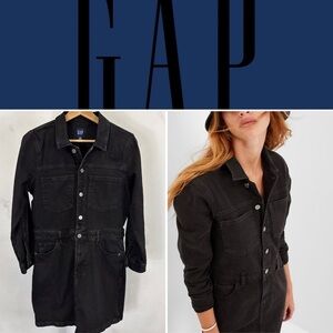 GAP Denim Mini Dress Long Sleeve Pockets Black Wash Button Front Size 10P NEW